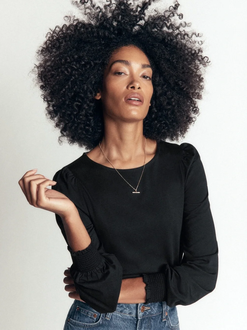 Boden Black Puff-Sleeve Long-Sleeve Top